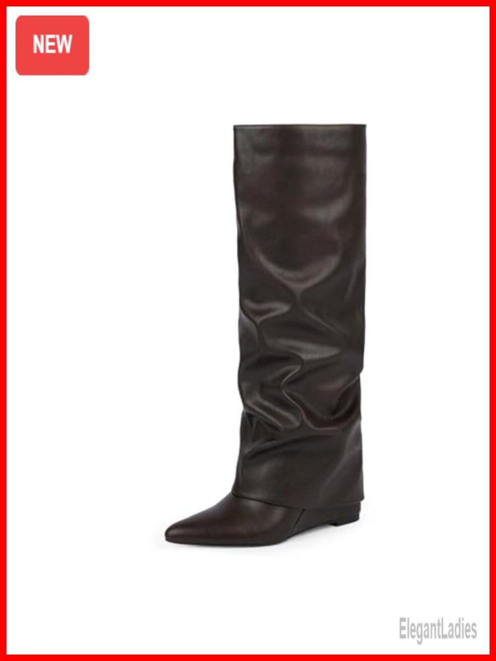 Women Knee High Wedge Heel Pointed Toe Fold Over Tall Boots Faux Leather